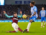 West Ham United's Sam Byram in action with Brighton's & Hove Albion's Gaetan Bong on February 3, 2018