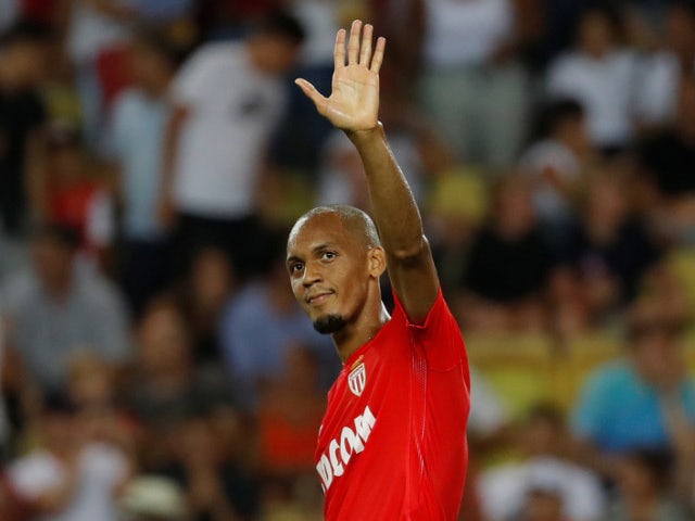 Monaco's Fabinho celebrates scoring their sixth goal from the penalty  in the match against Marseille on August 27, 2017 