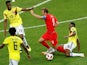 England's Harry Kane is fouled by Colombia's Jefferson Lerma on July 3, 2018