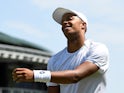 Britain's Jay Clarke reacts during the first-round match against Latvia's Ernests Gulbis at Wimbledon on July 3, 2018