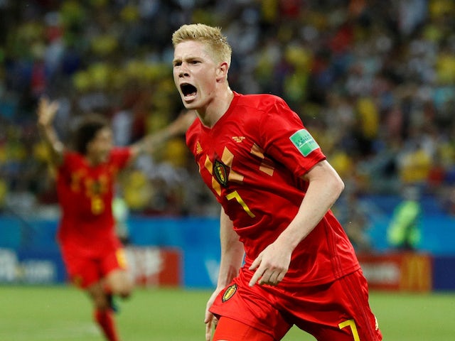 Kevin De Bruyne celebrates scoring the second during the World Cup quarter-final game between Brazil and Belgium on July 6, 2018