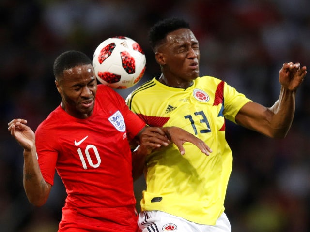 England's Raheem Sterling in action with Colombia's Yerry Mina on July 3, 2018