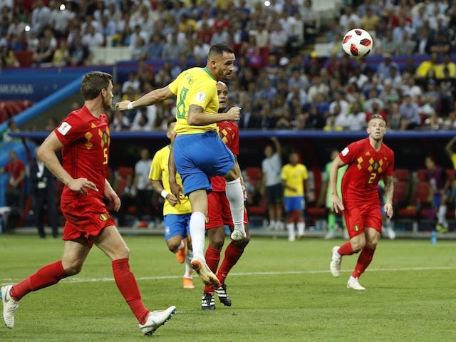 Renato Augusto pulls one back during the World Cup quarter-final game between Brazil and Belgium on July 6, 2018