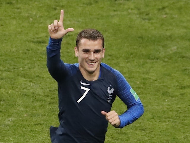 Antoine Griezmann celebrates putting his side back ahead from the spot during the World Cup final between France and Croatia on July 15, 2018
