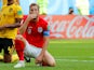 Harry Kane reacts to a missed chance during the World Cup third-place playoff between Belgium and England on July 14, 2018