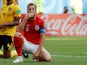 Harry Kane reacts to a missed chance during the World Cup third-place playoff between Belgium and England on July 14, 2018