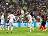 England defender John Stones sees his header cleared off the line in the World Cup semi-final with Croatia on July 11, 2018