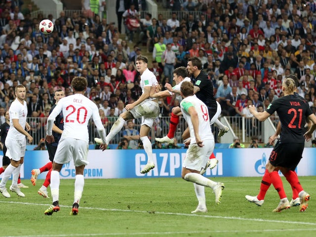 England defender John Stones sees his header cleared off the line in the World Cup semi-final with Croatia on July 11, 2018