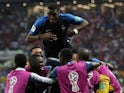 Kylian Mbappe celebrates scoring his side's fourth during the World Cup final between France and Croatia on July 15, 2018