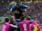 Kylian Mbappe celebrates scoring his side's fourth during the World Cup final between France and Croatia on July 15, 2018