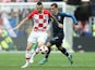 Marcelo Brozovic and Antoine Griezmann in action during the World Cup final between France and Croatia on July 15, 2018
