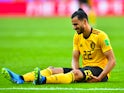 Nacer Chadli goes down injured during the World Cup third-place playoff between Belgium and England on July 14, 2018