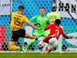 Thomas Meunier scores the opener during the World Cup third-place playoff between Belgium and England on July 14, 2018