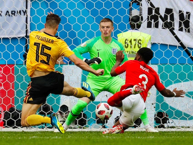 Thomas Meunier scores the opener during the World Cup third-place playoff between Belgium and England on July 14, 2018