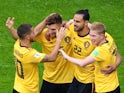 Thomas Meunier celebrates with teammates after scoring the opener during the World Cup third-place playoff between Belgium and England on July 14, 2018