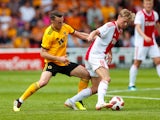 Diogo Jota and Frenkie de Jong in action during the pre-season friendly between Ajax and Wolverhampton Wanderers on July 19, 2018