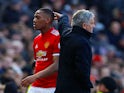 Anthony Martial is substituted off by Manchester United manager Jose Mourinho on February 25, 2018