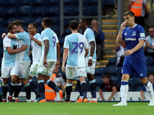 Blackburn players celebrate a goal during their pre-season friendly with Everton on July 26, 2018