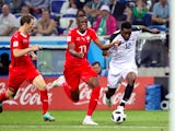 Costa Rica's Joel Campbell in action with Switzerland's Denis Zakaria on June 27, 2018 