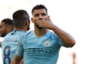 Sergio Aguero celebrates scoring for Manchester City in the Community Shield on August 5, 2018