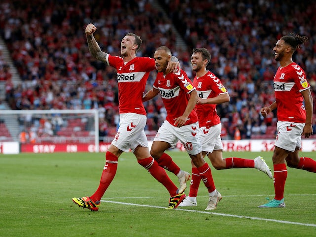 Aden Flint celebrates scoring during the Championship game between Middlesbrough and Sheffield United on August 7, 2018