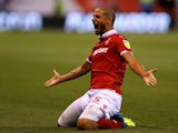 Adlene Guedioura celebrates scoring during the Championship game between Nottingham Forest and West Bromwich Albion on August 7, 2018