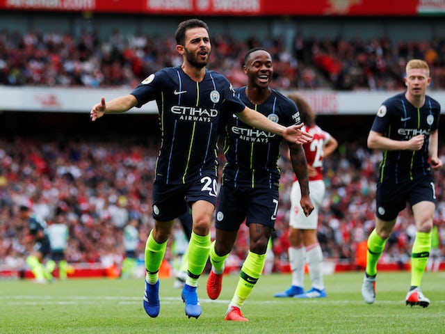 Bernardo Silva celebrates scoring during the Premier League game between Arsenal and Manchester City on August 12, 2018