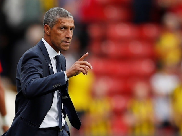 Brighton & Hove Albion manager Chris Hughton watches on during his side's Premier League clash with Watford on August 11, 2018
