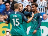 Tottenham Hotspur midfielder Dele Alli celebrates with Harry Kane and Eric Dier after scoring in their Premier League clash with Newcastle United on August 11, 2018