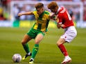 Harvey Barnes and Jack Colback in action during the Championship game between Nottingham Forest and West Bromwich Albion on August 7, 2018