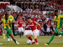 Joe Lolley and Tosin Adarabioyo in action during the Championship game between Nottingham Forest and West Bromwich Albion on August 7, 2018