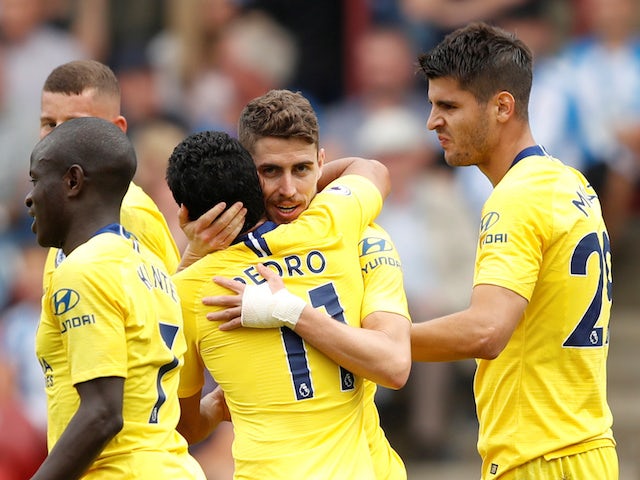 Chelsea midfielder Jorginho celebrates scoring during his side's Premier League clash with Huddersfield Town on August 11, 2018