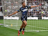 Leeds' Kemar Roofe celebrates scoring their second goal during their Championship clash with Derby County on August 11, 2018