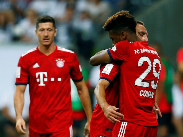 Kingsley Coman celebrates the fourth during the German Super Cup game between Eintracht Frankfurt and Bayern Munich on August 12, 2018