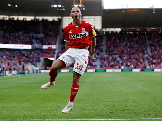 Martin Braithwaite celebrates scoring the opener during the Championship game between Middlesbrough and Sheffield United on August 7, 2018