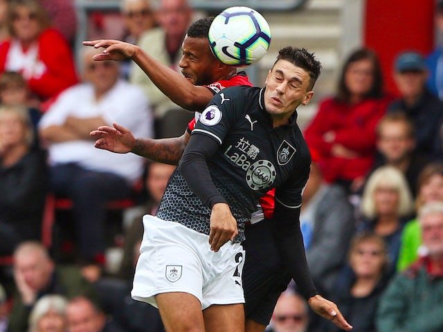 Matthew Lowton makes a header during the Premier League game between Southampton and Burnley on August 12, 2018