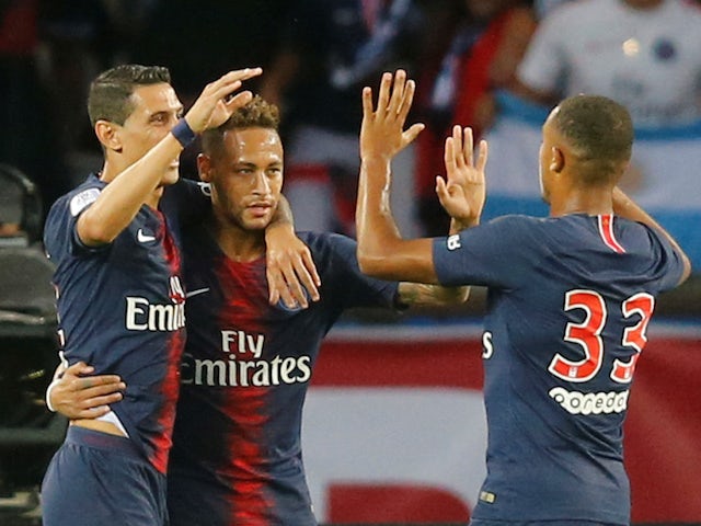 Neymar celebrates scoring the opener during the Ligue 1 game between Paris Saint-Germain and Caen on August 12, 2018