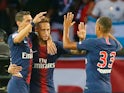 Neymar celebrates scoring the opener during the Ligue 1 game between Paris Saint-Germain and Caen on August 12, 2018
