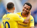 Chelsea attacker Pedro celebrates with Eden Hazard after scoring during his side's Premier League clash with Huddersfield on August 11, 2018