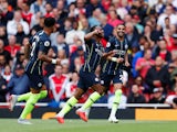 Raheem Sterling celebrates scoring during the Premier League game between Arsenal and Manchester City on August 12, 2018