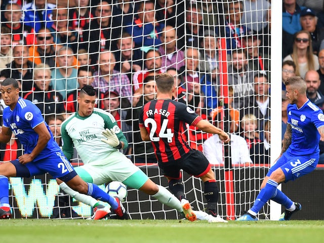 Bournemouth midfielder Ryan Fraser scores the opening goal of his side's Premier League clash with Cardiff on August 11, 2018