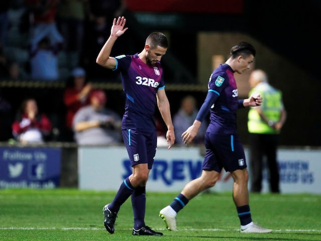 Aston Villa midfielder Conor Hourihane celebrates scoring against Yeovil Town in the EFl Cup first round on August 14, 2018