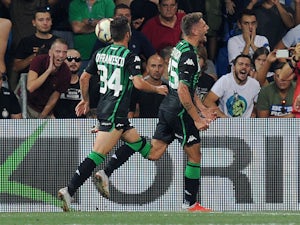Sassuolo striker Domenico Berardi celebrates scoring in the Serie A clash with Inter Milan on August 19, 2018