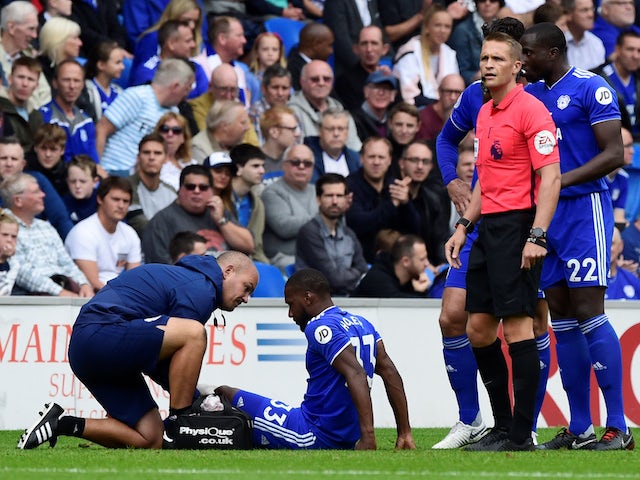 Junior Holiett receives treatment during the Premier League game between Cardiff City and Newcastle United on August 18, 2018