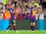 Lionel Messi celebrates with Jordi Alba after scoring Barcelona's opening goal against Alaves on August 18, 2018
