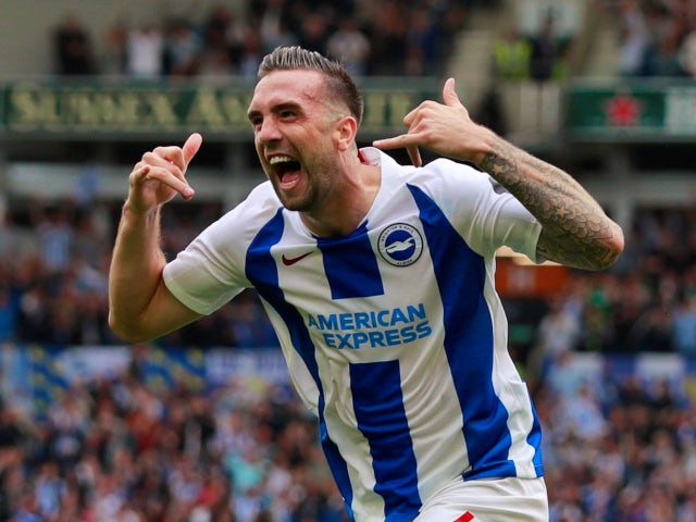 Shane Duffy celebrates scoring Brighton & Hove Albion's second goal against Manchester United on August 19, 2018