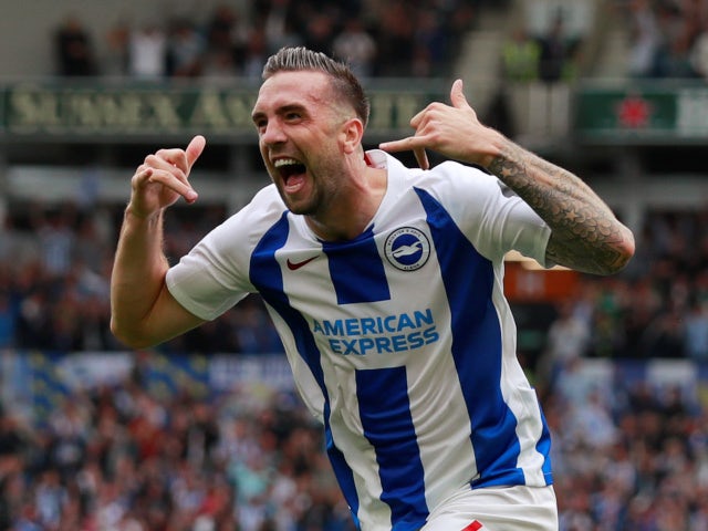 Shane Duffy celebrates scoring Brighton & Hove Albion's second goal against Manchester United on August 19, 2018