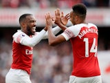 Pierre-Emerick Aubameyang and Alexandre Lacazette celebrate Arsenal's second goal against West Ham United on August 25, 2018