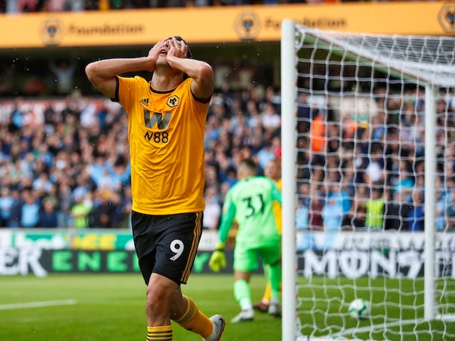 Wolverhampton Wanderers striker Raul Jimenez reacts to a disallowed goal during his side's Premier League clash with Manchester City on August 25, 2018