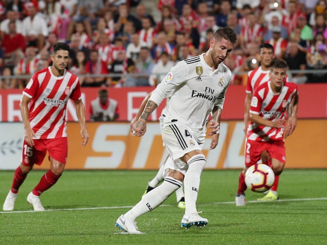 Real Madrid captain Sergio Ramos scores a penalty during his side's La Liga clash with Girona on August 26, 2018